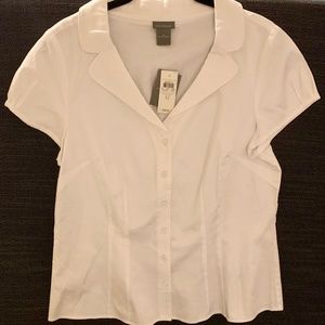 NWT ANN TAYLOR Size 12 White Short Sleeve Button Down Top w Collar & Cap Sleeve